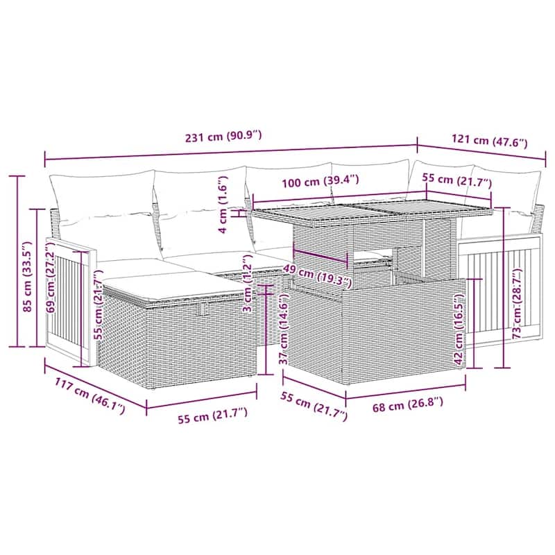 vidaXL Patio Sofa Set with Cushions Outdoor Conversation Furniture Poly Rattan