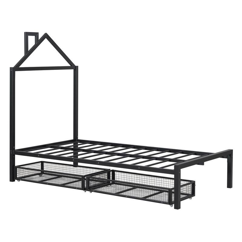 Twin Size Metal Platform Bed with Two Drawers & House Headboard