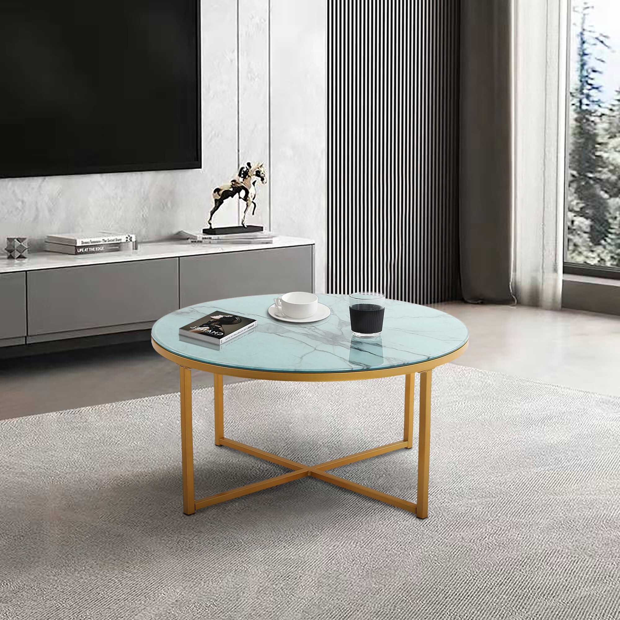 Cross Legs Glass Coffee Table With Metal Base, Marble White Color Top And Golden,coffee, Console, Sofa & End Tables