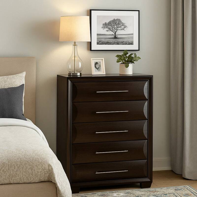Nitz Tall Dresser Chest, 5 Drawers, Espresso Brown Solid Wood
