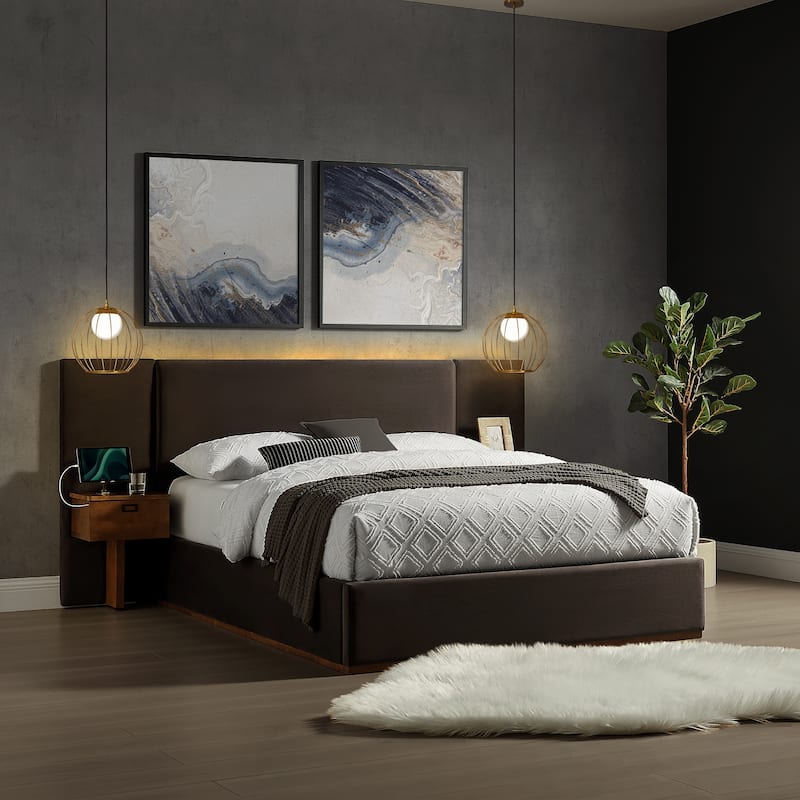 Danson Upholstered King Bed with Side Tables - Brown