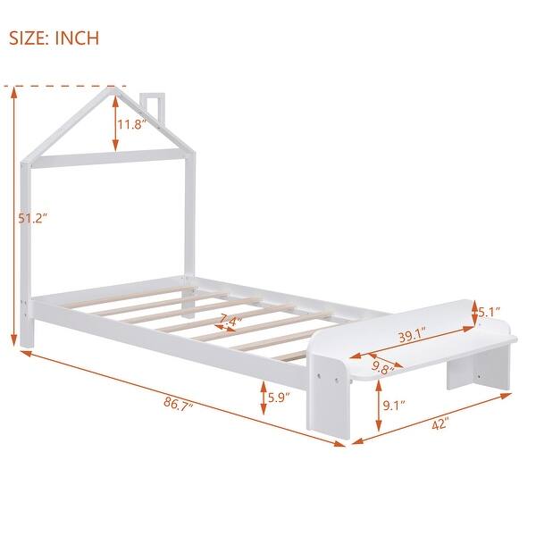 Twin Size Wood Platform Bed with House-Shaped Headboard, Footboard Bench, and Wooden Support