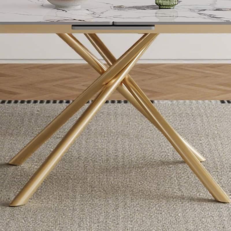59-inch Modern Round Expandable Dining Table, Burnt Stone Top & Golden Carbon Steel X-Base, Sturdy 4-6 Person Table