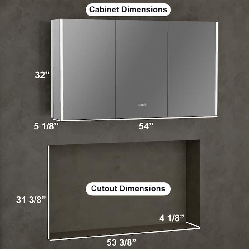 Chloe LED Medicine Cabinet with Mirror, Dimmable, Anti-fog, Adjustable Glass Shelves, Recessed or Surface Mount - 54 in.W x 32 in.H