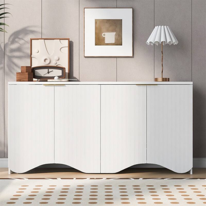 Wavy Design Sideboard with 4 Doors and Adjustable Shelves, Buffet Cabinet Accent Storage Cabinet with Vertical Stripes