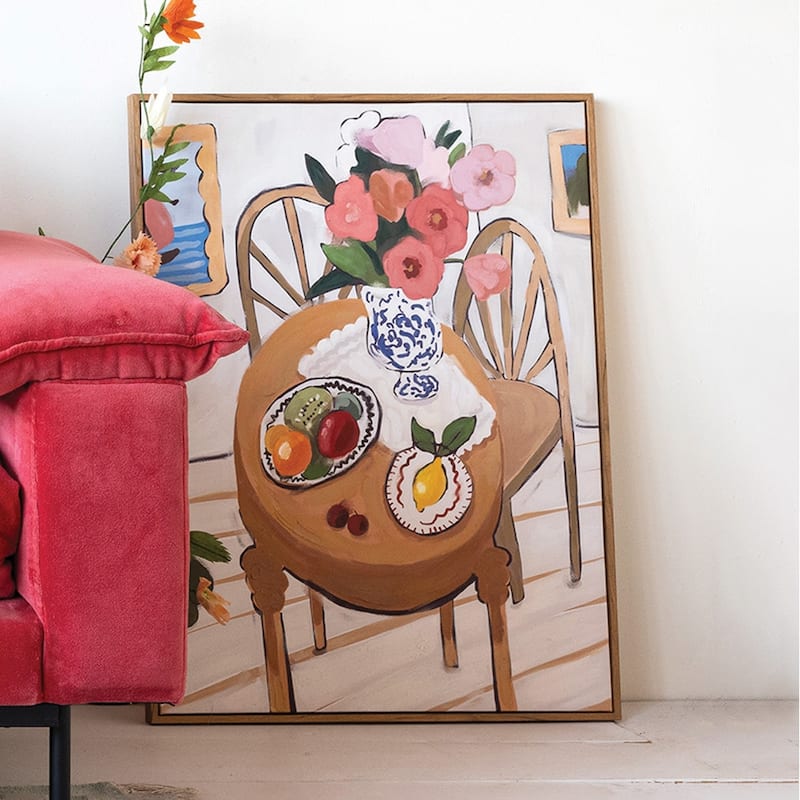 Framed Canvas Hand-Painted Wall Decor with Flowers on Table - 24.4"L x 1.3"W x 32.3"H - Wood - Natural