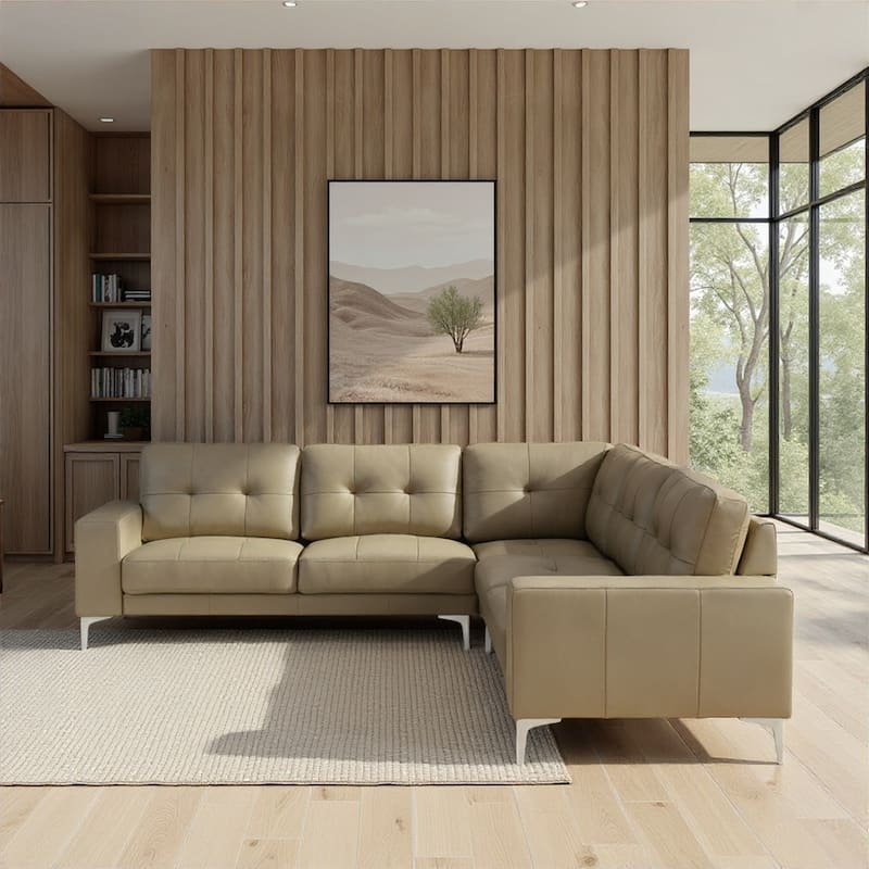 Pimentel Modern 102 in. Modern Top Grain Genuine Leather Sectional Sofa with Tufted Back and Track Arms - Khaki