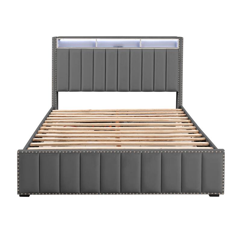 Contemporary Dark Gray Solid Wood Bed Frame with Open Compartments