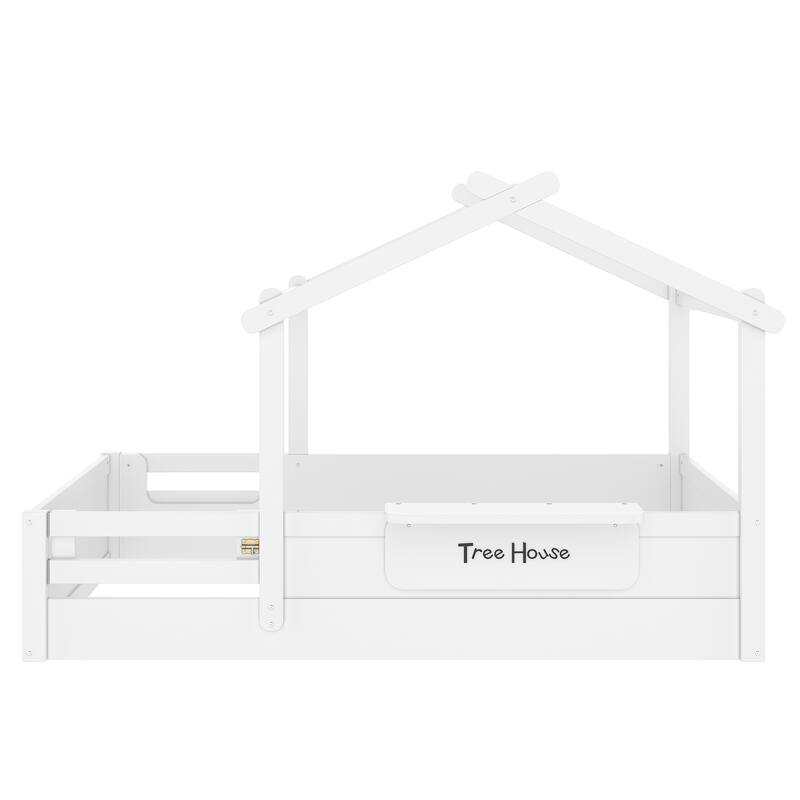Twin Size Floor Bed with Guardrails and Roof, Kids House Floor Bed with a Small Built-in Tray and Free-installed Signboard