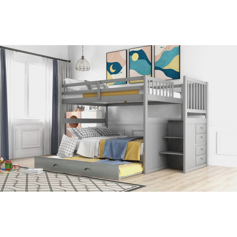 Full over Full Bunk Bed with Twin Trundle, Gray, Storage Drawers, Solid Pine Frame