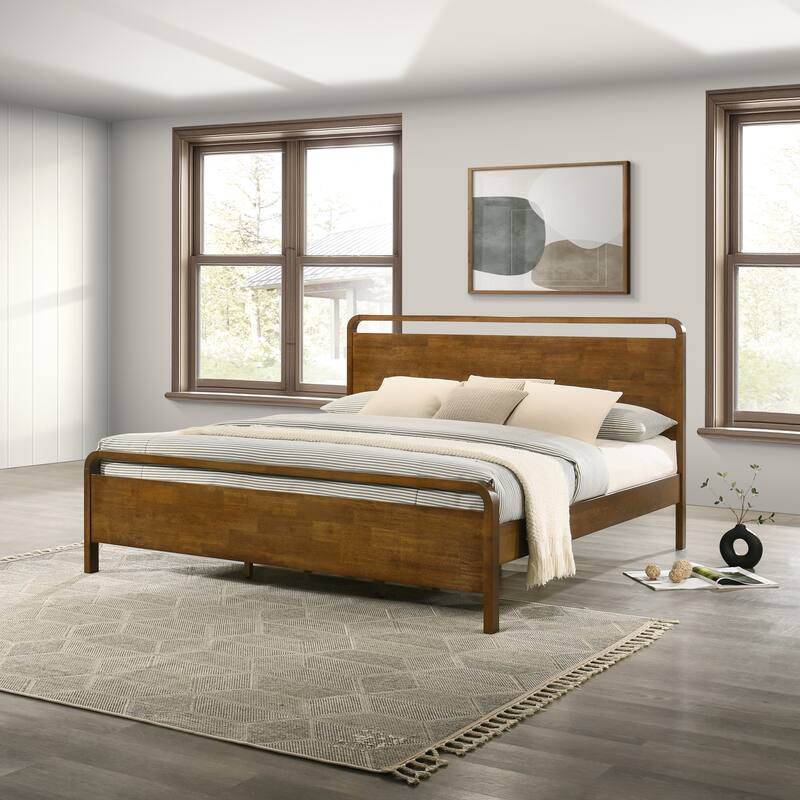 Roundhill Furniture Eldren Wood Bedroom Set, Platform Bed with Dresser, Mirror, Nightstand, Chest in Walnut Finish