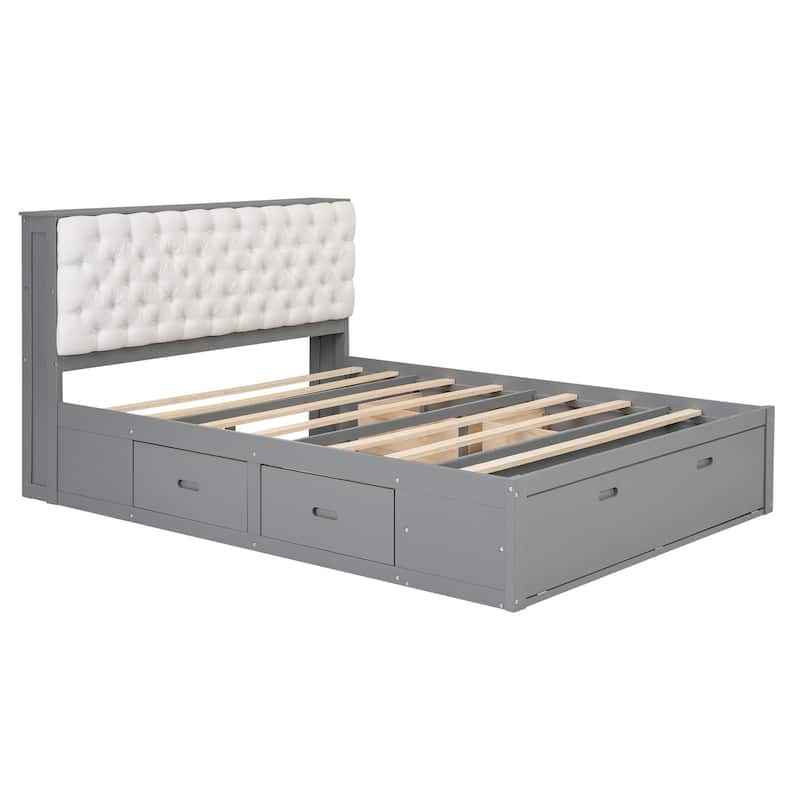Wood Queen Size Platform Bed with Storage Headboard and Shoe Rack
