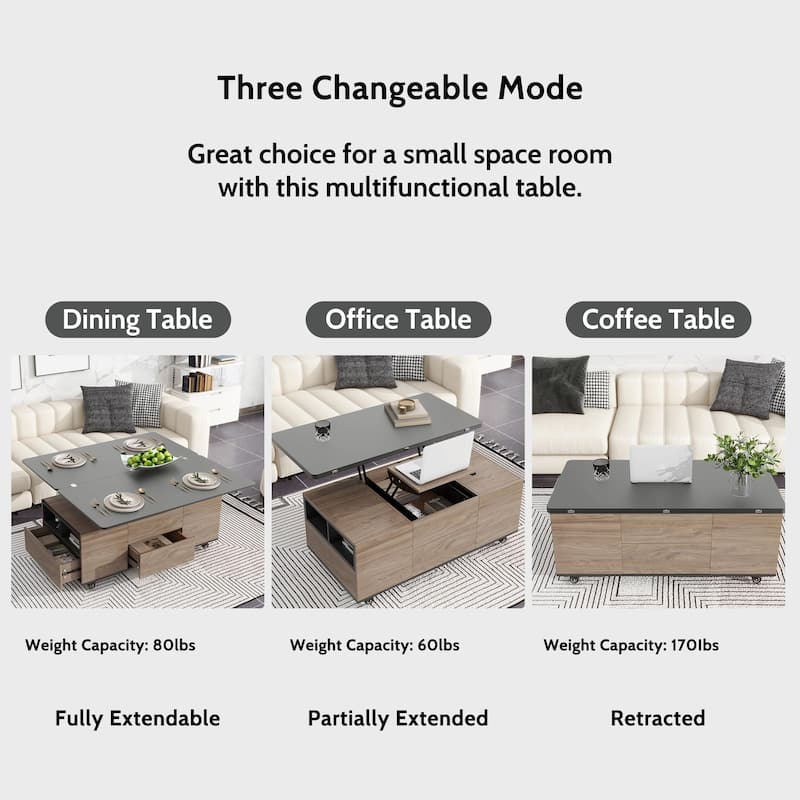 Modern Lift Top Coffee Table with Drawers & Shelves