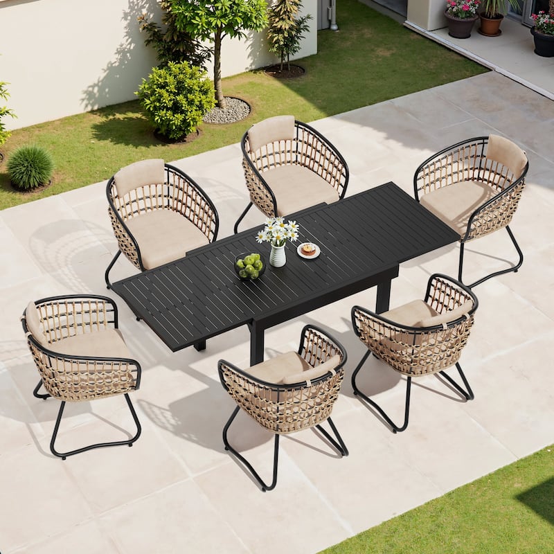 5/7/11-Piece Set Outdoor Aluminum Extendable Patio Dining Table Set with Rattan Chairs - Beige - 82.68 in Table - 7pcs Set