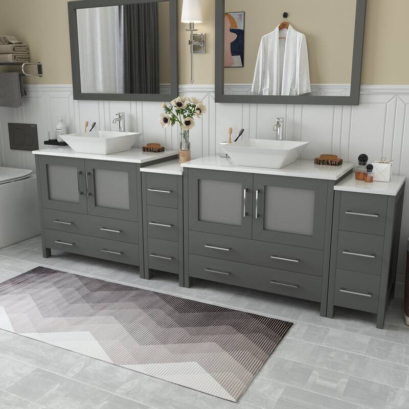 Vanity Art 96" Double Sink Bathroom Vanity Set with Engineered Marble Top and Free Mirror