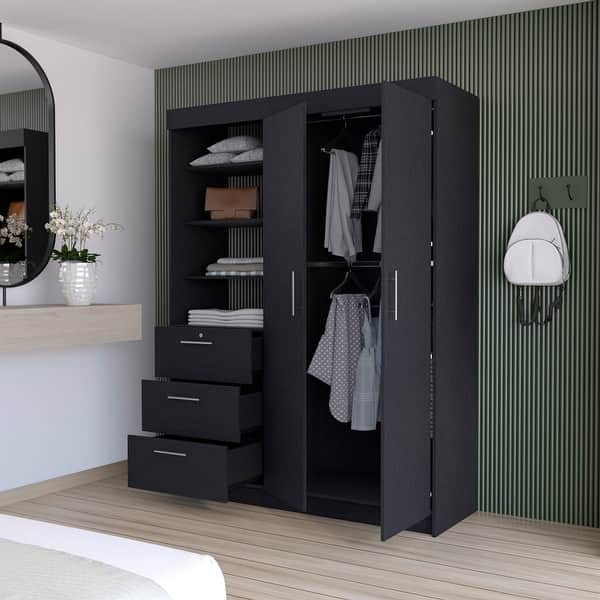 modern armoire dresser Modern Armoire Wardrobe Closet with 3 Drawers & 2 Doors, Tall Standing  Wooden Cabinet for Hanging Clothes, Heavy Duty Storage, White