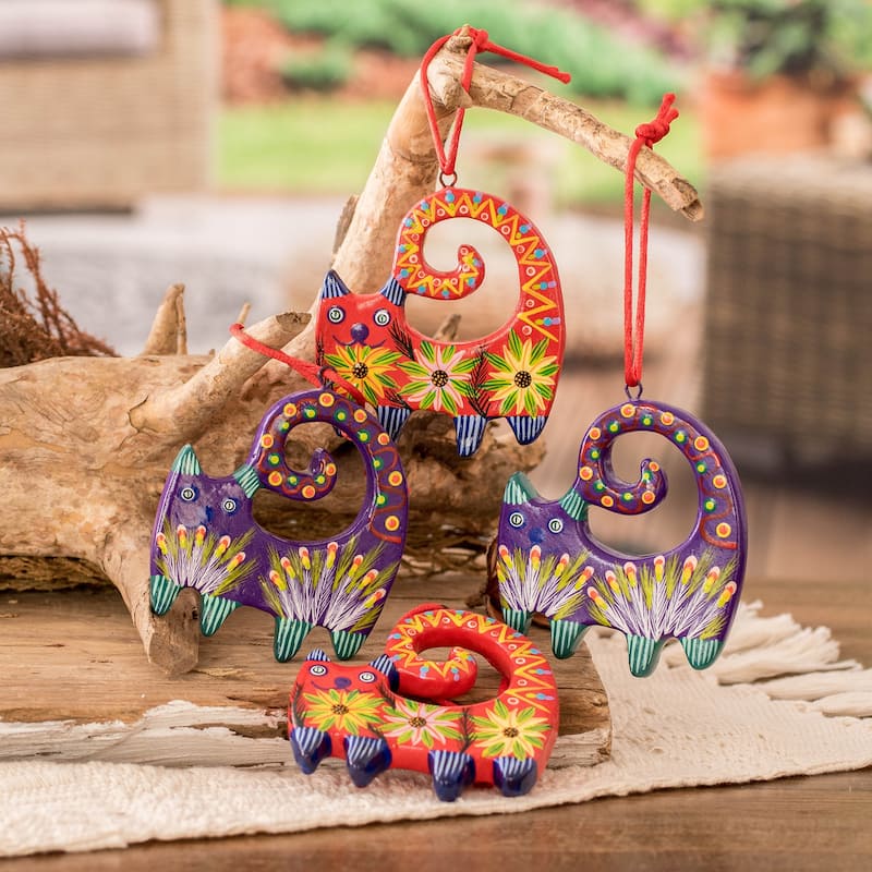 Novica Handmade Celebration Cats Ceramic Ornaments (Set Of 4)