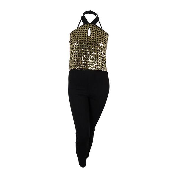 Shop Xoxo Women S Sequined Halter Jumpsuit Black Gold Xl