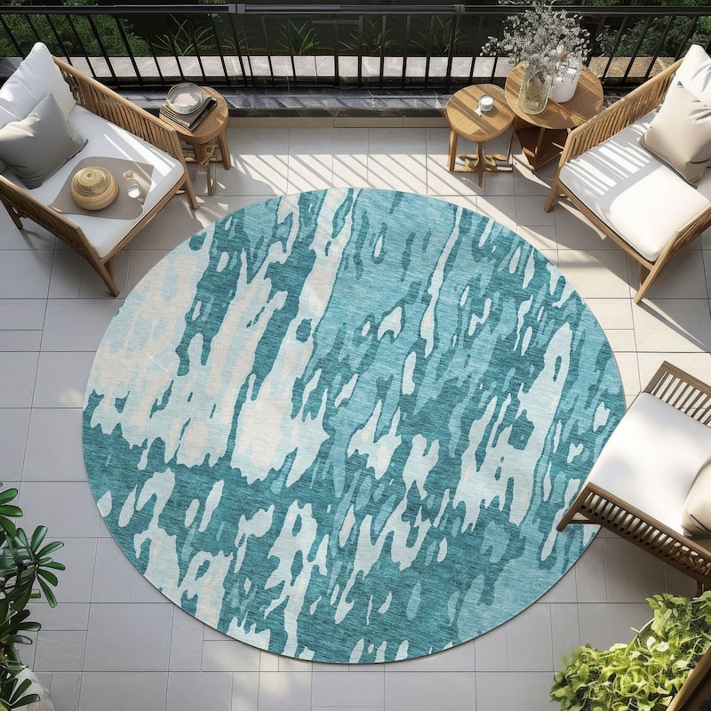 Machine Washable Indoor/ Outdoor Abstract Contemporary Chantille Rug - Teal - 8' x 8'