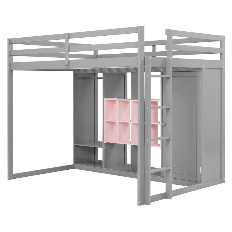 Twin/Full Size Versatile Loft Bed with Wardrobe, Storage Bed Frame with Multi-Shelves and Clothes Hanging Rod