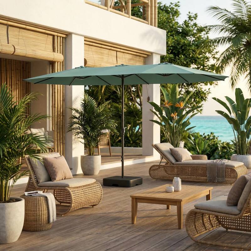15ft x 9ft Double Patio Umbrella with Base and Sandbags, Extra Large Twin Outdoor Market Umbrella with Auto Tilt, 180g Polyester - Green