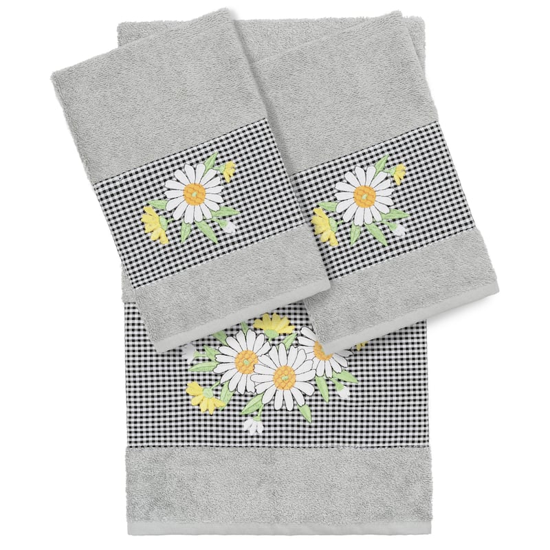 Authentic Hotel and Spa 100% Turkish Cotton Daisy 3PC Embellished Towel Set - Light Gray