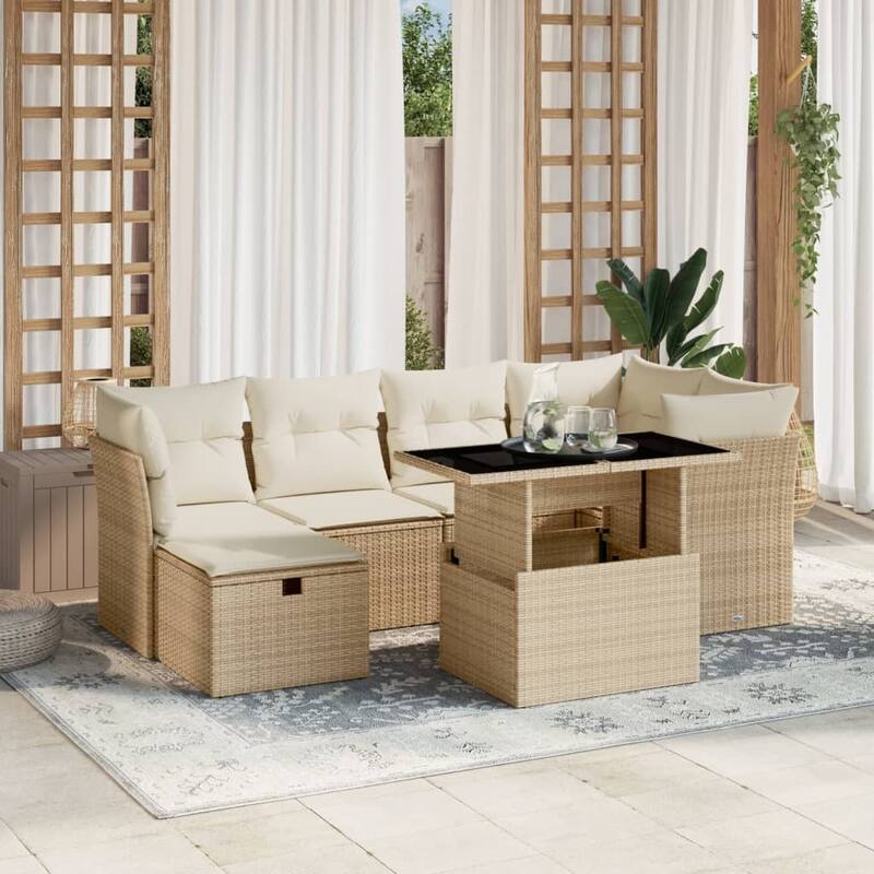 7 Piece Outdoor Sofa Set with Cushions - 21.7 x 39.4 x 28.7 in - Beige and cream