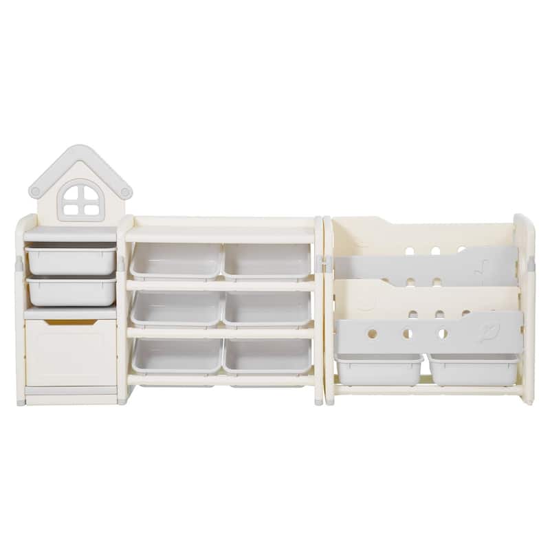 4-Tier Beige HDPE Kids Toy Organizer with Bookshelf and Storage Bins for Playroom and Nursery - 69-72