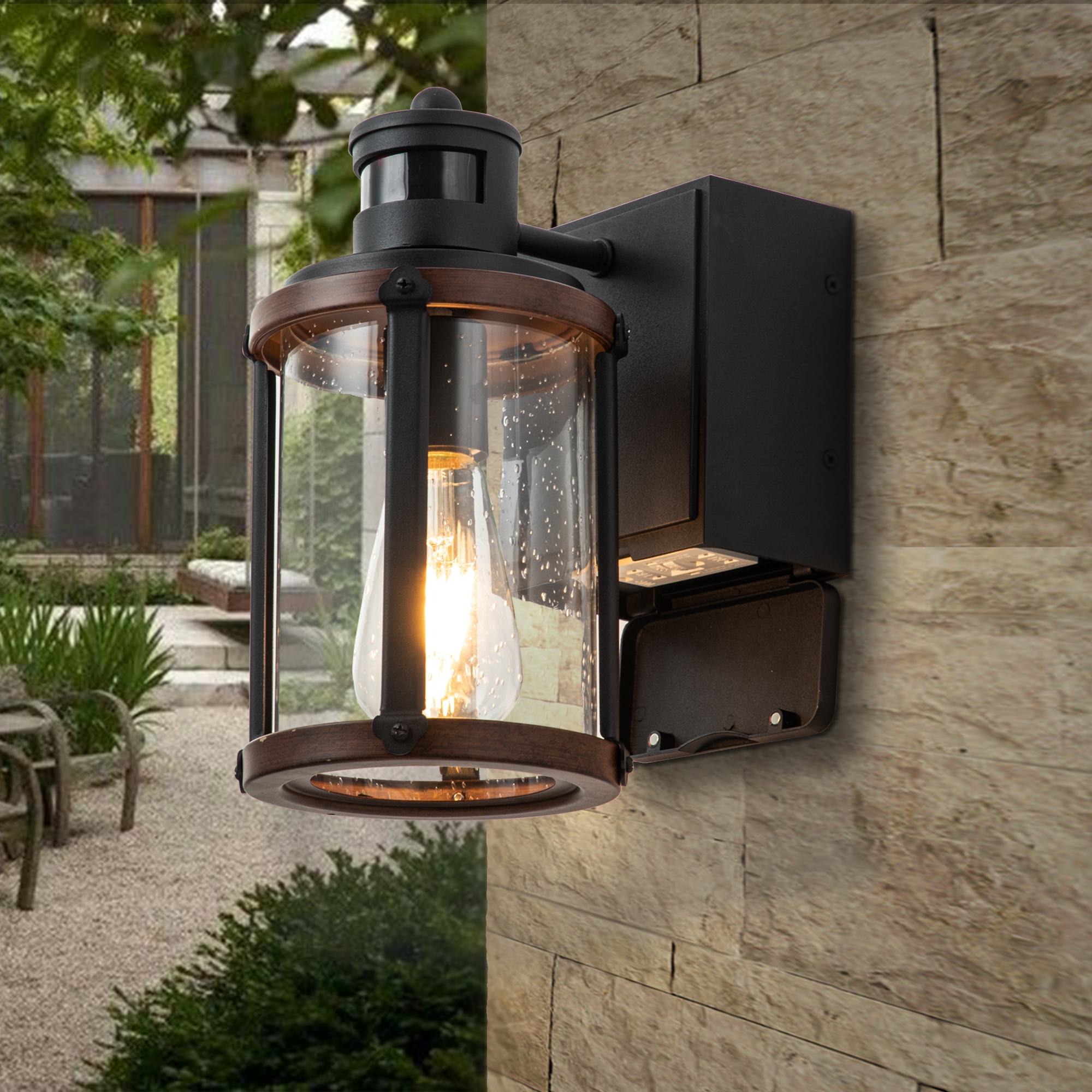 11.5 H Industrial Motion Sensor Outdoor Wall Lantern with GFCI Outlet Black