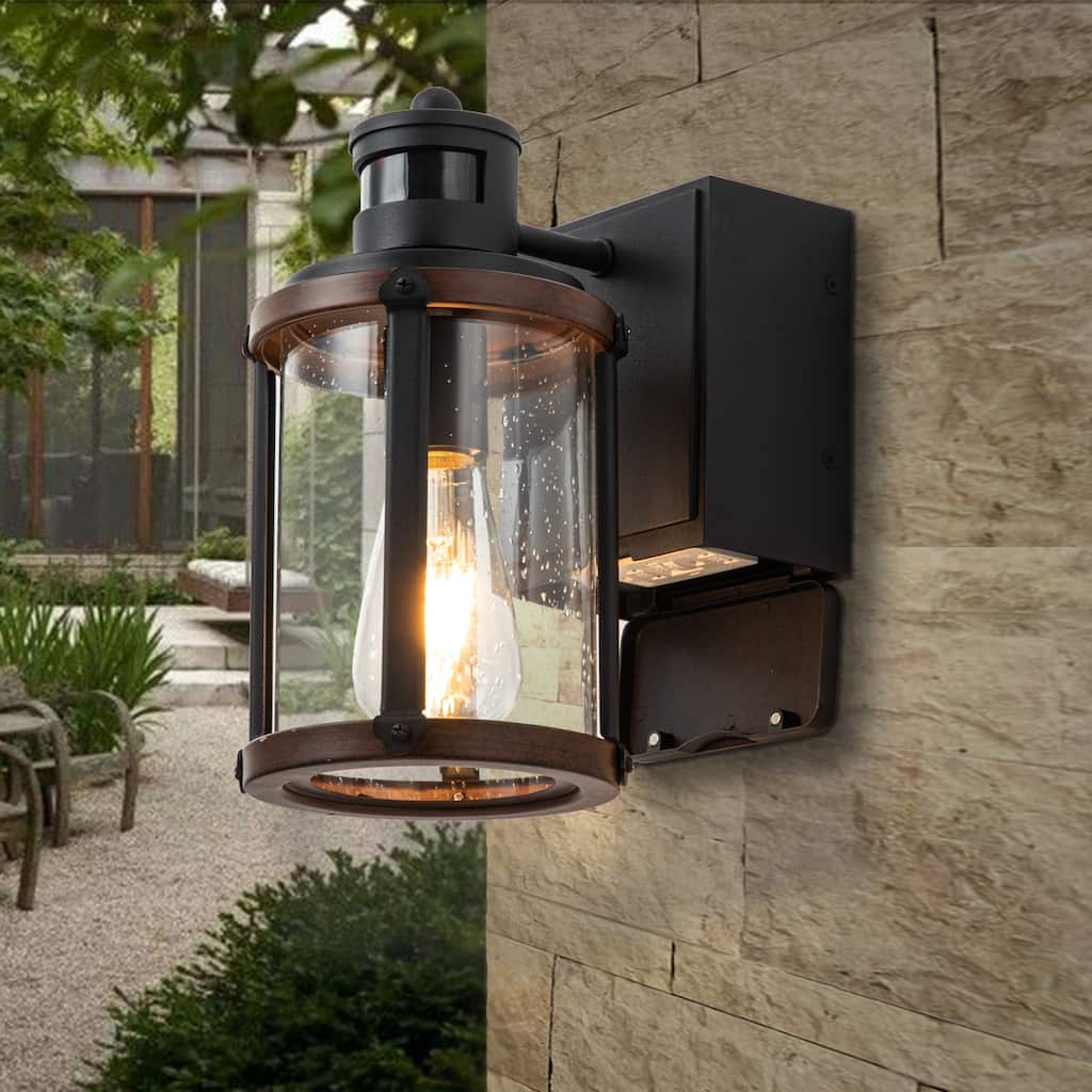 11.5"H Industrial Motion Sensor Outdoor Wall Lantern with GFCI outlet - Black