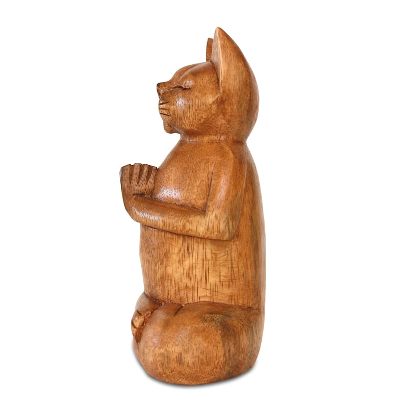 8" Wooden Handmade Hand Carved Yoga Fire Log Pose Cat Sculpture Statue Home Decoretion - 8" tall x 4" wide x 3" deep