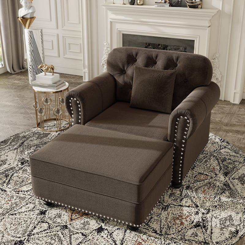 Velvet Chaise Lounge Chair with Ottoman, Mid-Century Modern Chesterfield Single Sofa Chair with Rolled Arms & Nailhead Trim - Brown