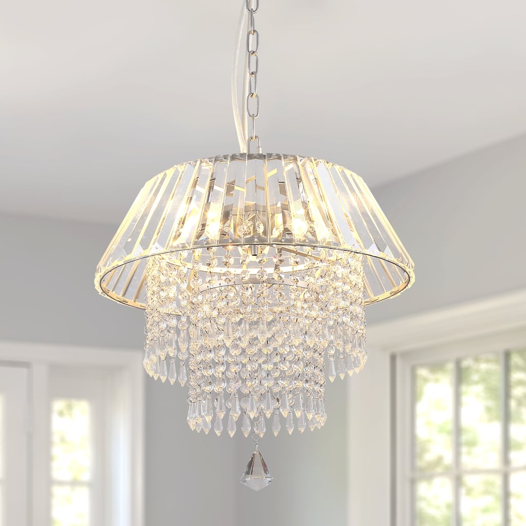 CurveCurio 16" Chrome Petite Modren Crystal Chandelier, 3-Lights Flush Mount Crystal Light w/ Adjustable Hanging Chain