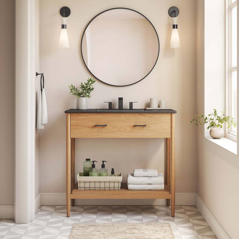Zaire 18"/24"/30"/36"/48" Bathroom Vanity with Black Sink Top - 36" - Natural