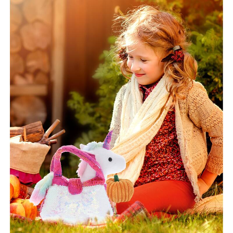DolliBu Plush Pet Carrier Pink Unicorn Stuffed Animal w/ Pumpkin Decor - 9 inches