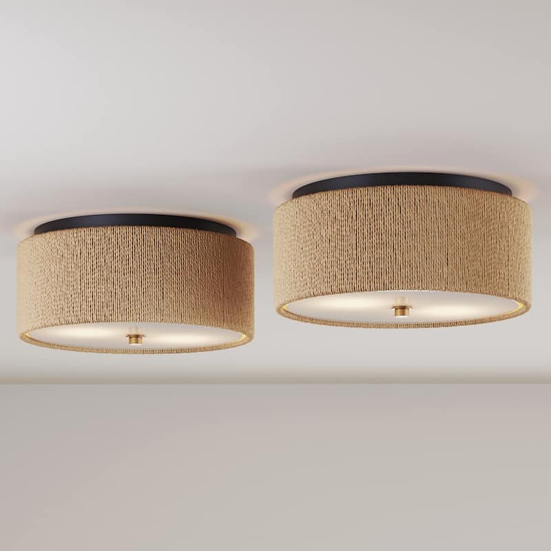 Juluca Boho Flush Mount Ceiling Light Fixture with Frosted Glass Diffuser and Seagrass Shade - Set of 2