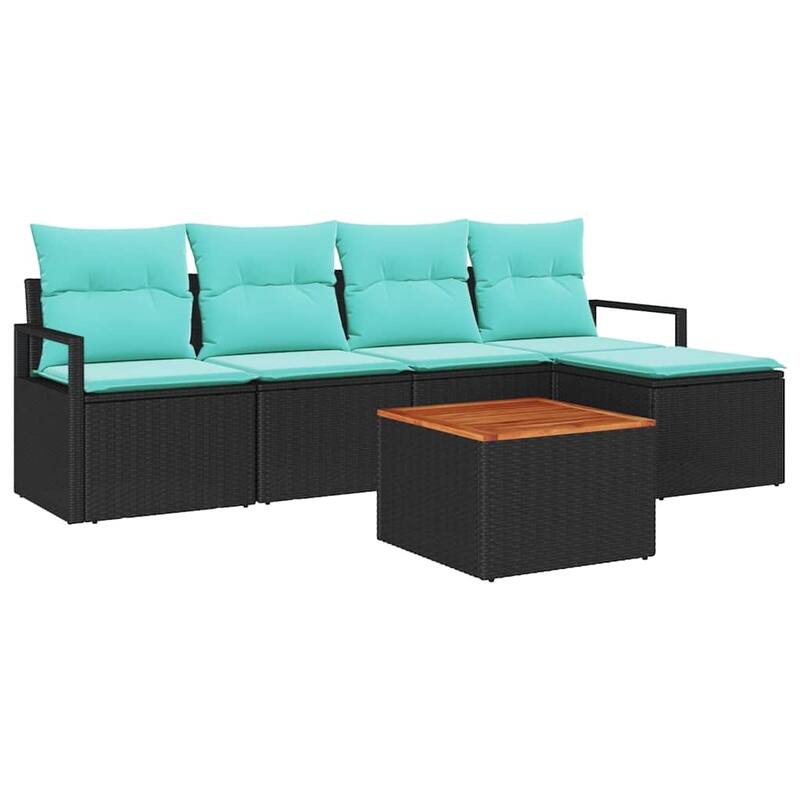 vidaXL 6 Piece Garden Sofa Set with Cushions Black Poly Rattan Acacia - 90.6×24.4×27.2