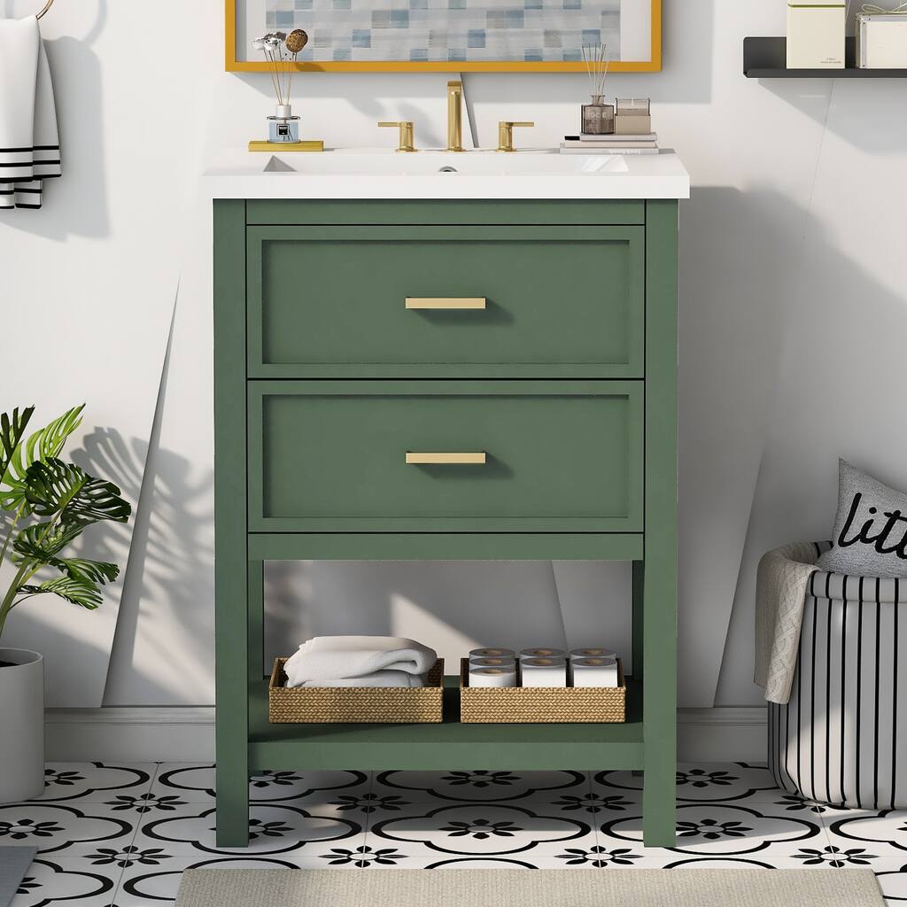 Small Bathroom Vanity with Top Sink, Undermount Bathroom Sink Cabinet, Bathroom Cabinet with 2 Drawers & Open Shelf