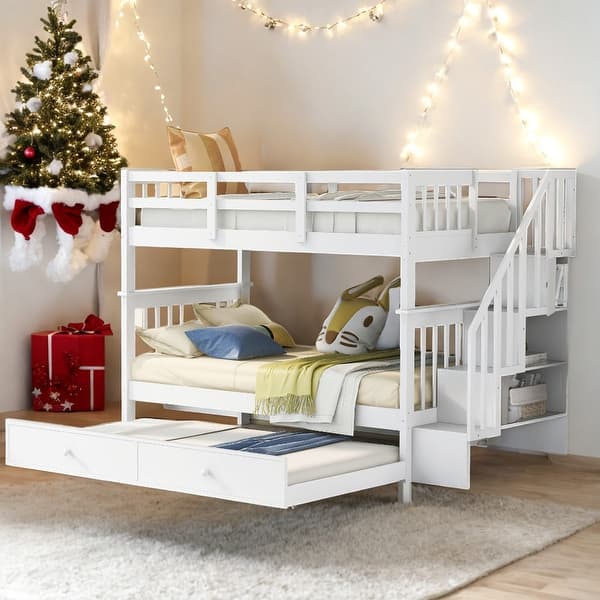 slide 2 of 16, Modren Twin Over Twin Bunk Bed with Twin size Trundle For Bedroom White