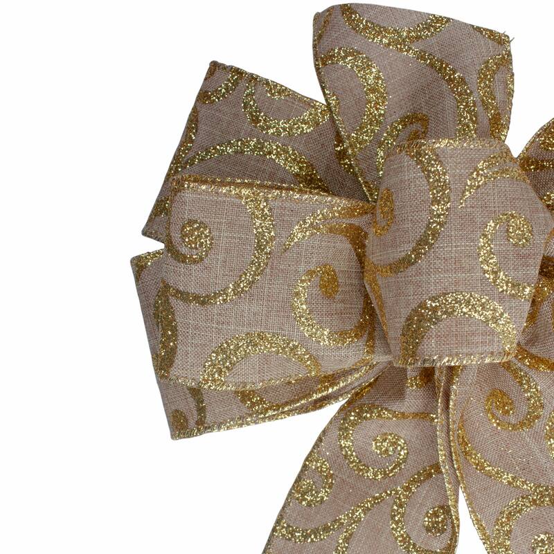 Burlap Glitter Scroll 6-Loop Christmas Bow Decoration - 9" x 14" - Brown and Gold - 9" x 14"