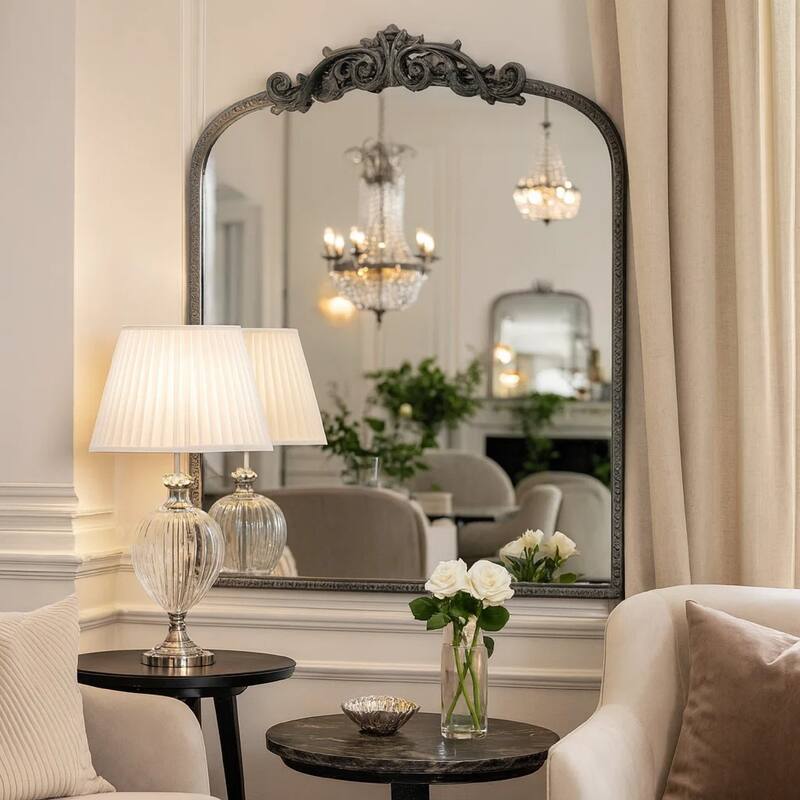 Kea 36 Inch Wall Mirror, Black Curved Metal Frame, Baroque Accent Design