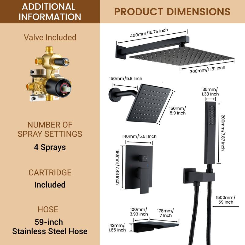 4-Spray Wall Mount 12 and 6 in. Dual Fixed and Handheld Shower Head with Waterfall Tub Spout (Valve Included) - 12" x 12"