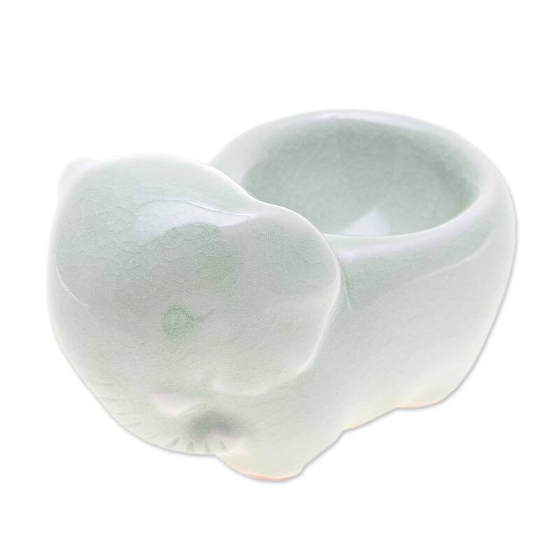Novica Handmade Breakfast With Elephants Celadon Ceramic Egg Cup - Blue - 1 Piece
