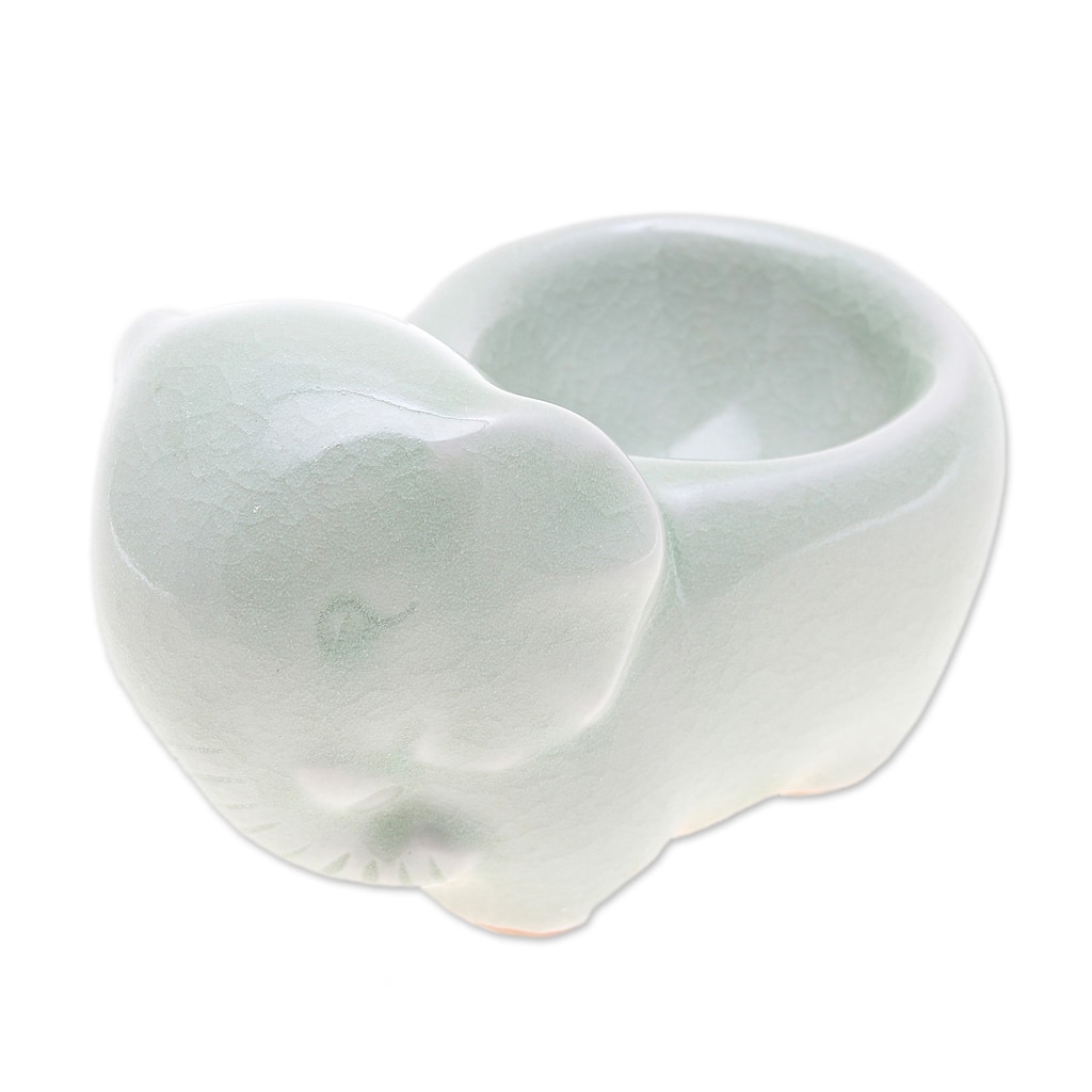 Novica Handmade Breakfast With Elephants Celadon Ceramic Egg Cup