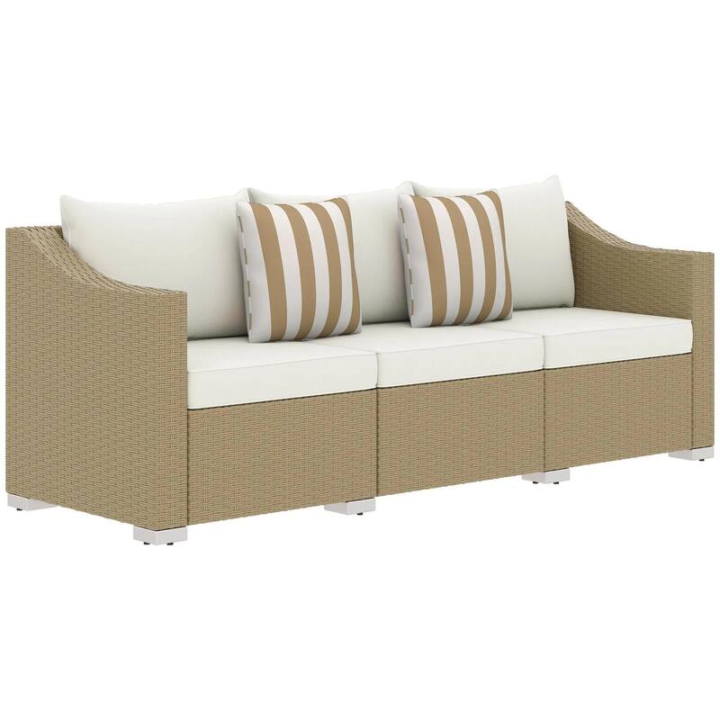 3 Seater Patio PE Rattan Couch with Cushions, 2 Throw Pillows