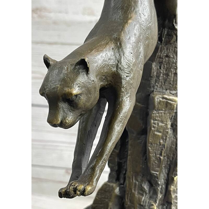 Panther Cougar Mountain Lion Cat Leaping Pouncing Down Bronze Sculpture Statue Art