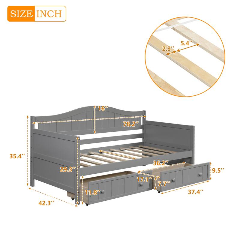 Twin Size Wood Daybed with 2 Drawers, Solid Wooden Sofa Bed Frame, Wood Slat Support, Easy to Assemble for Bedroom Living Room