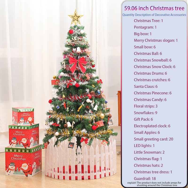 Pre-Lit Artificial Christmas Tree - LED Energy-Saving Lights, Tree Skirt + Guardrails - Green