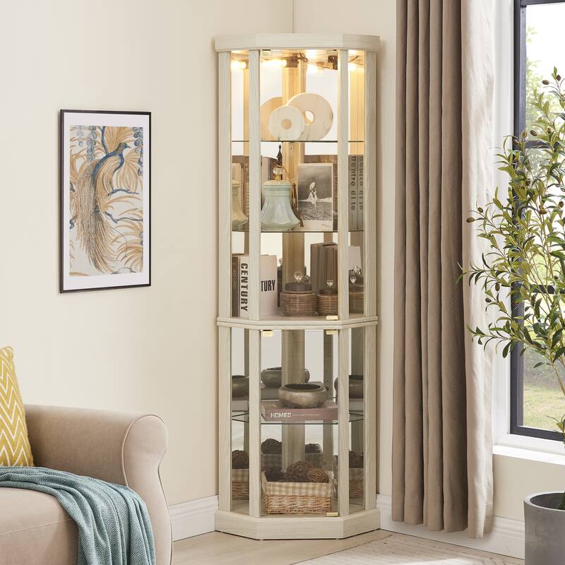 Lighted Corner Curio Cabinet - Elegant Glass Display Case for Display Storage - Perfect for Antique Collections & Wine