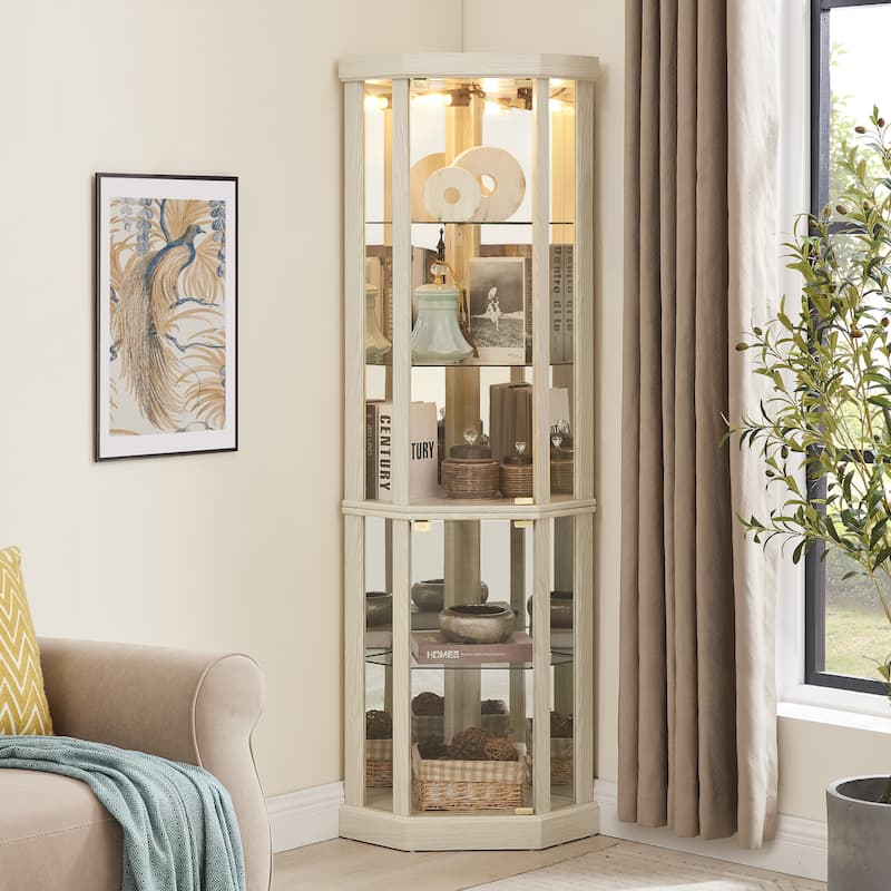 Lighted Curio Cabinet with Mirrored Back Pane, Wood Corner Glass Display Case, China Cabinet with Glass Door＆ Adjustable Shelves